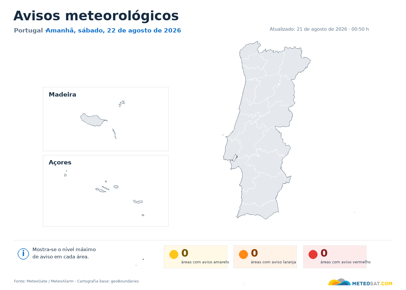 Mapa nacional de avisos meteorológicos em Portugal