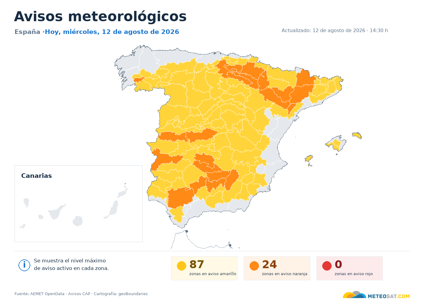 Mapa de avisos meteorológicos de AEMET en España
