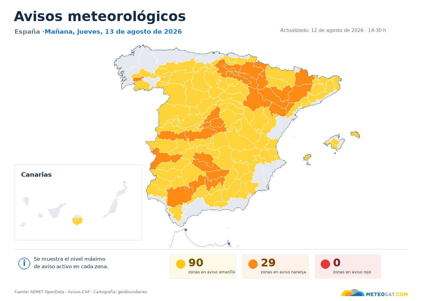 Mapa de avisos meteorol&oacute;gicos de AEMET en Espa&ntilde;a
