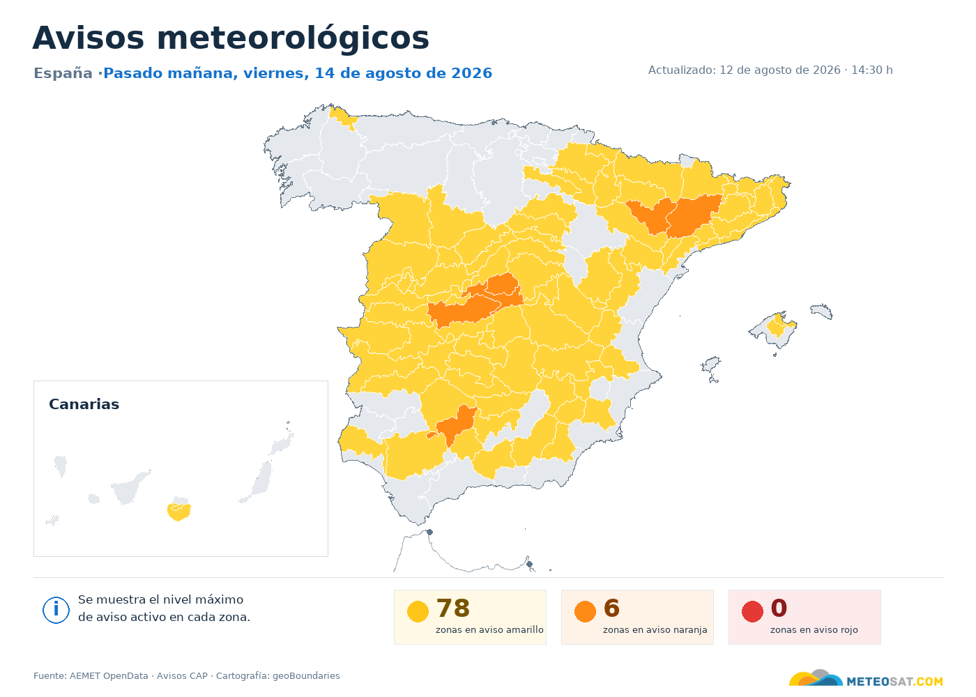 Mapa de avisos meteorológicos de AEMET en España