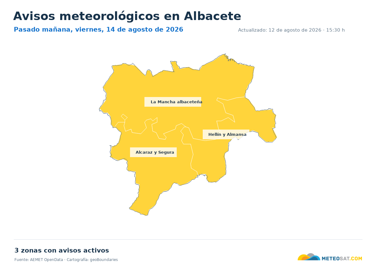Mapa de avisos meteorol�gicos de AEMET en la provincia de Albacete para pasado ma?ana