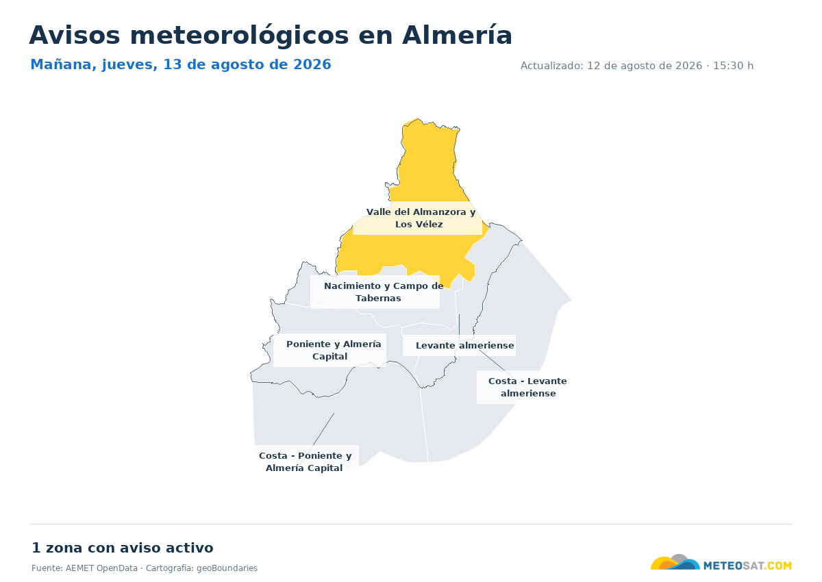 Mapa de avisos meteorol�gicos de AEMET en la provincia de Almer�a para ma?ana