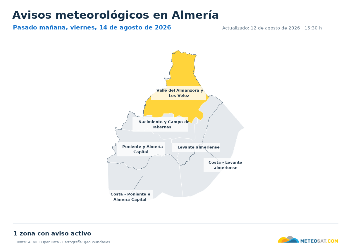 Mapa de avisos meteorol�gicos de AEMET en la provincia de Almer�a para pasado ma?ana
