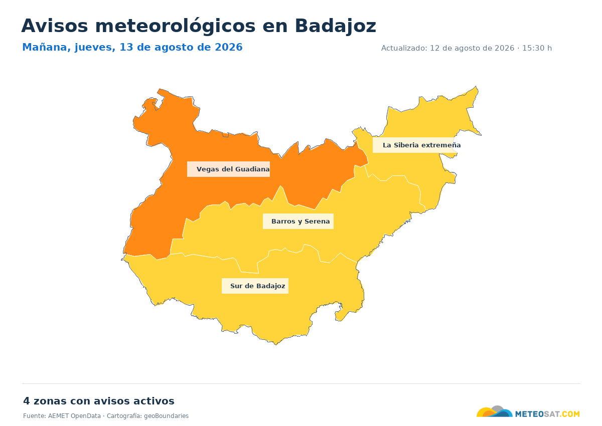 Mapa de avisos meteorol�gicos de AEMET en la provincia de Badajoz para ma?ana