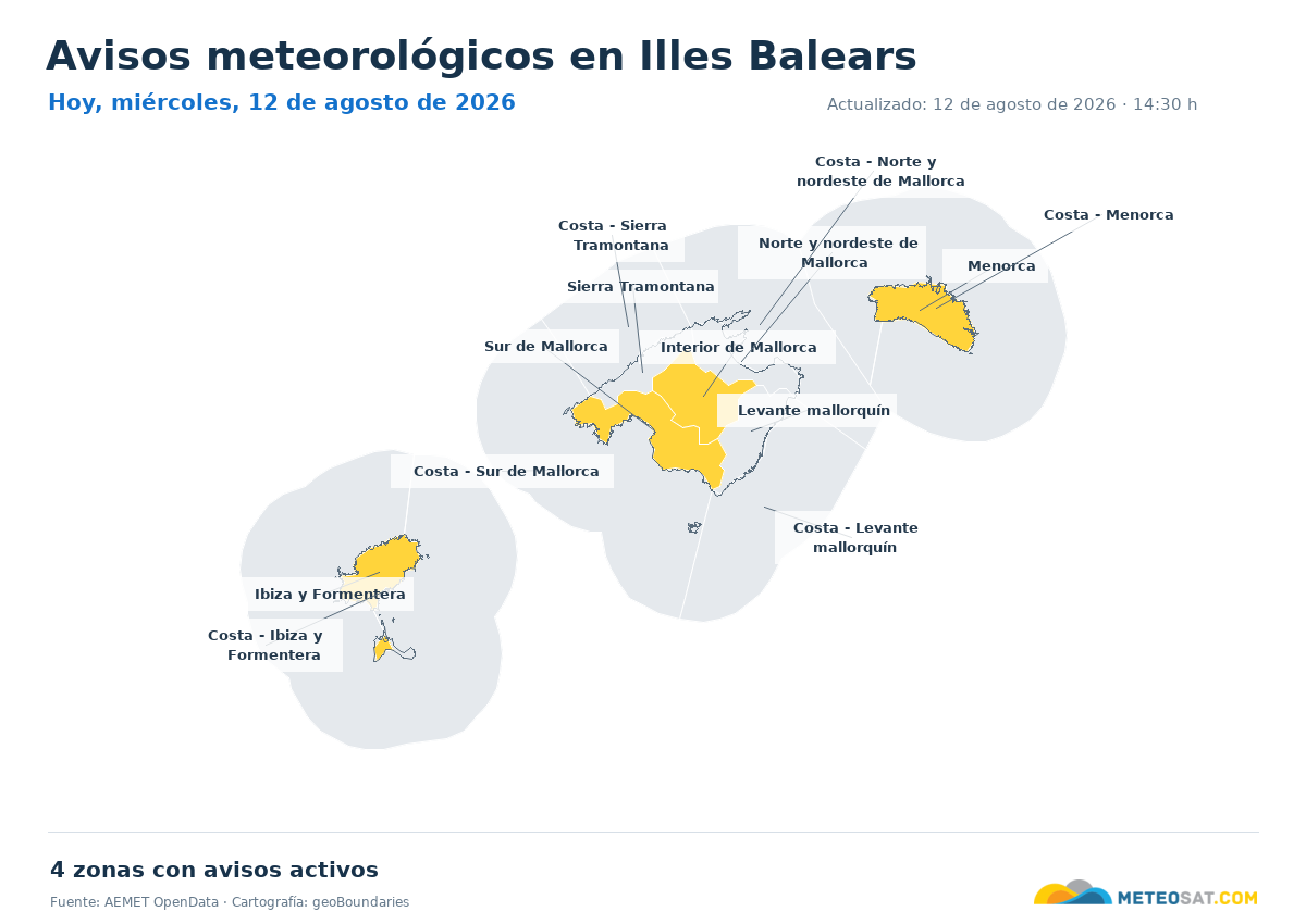 Mapa de avisos meteorol�gicos de AEMET en la provincia de Illes Balears para hoy
