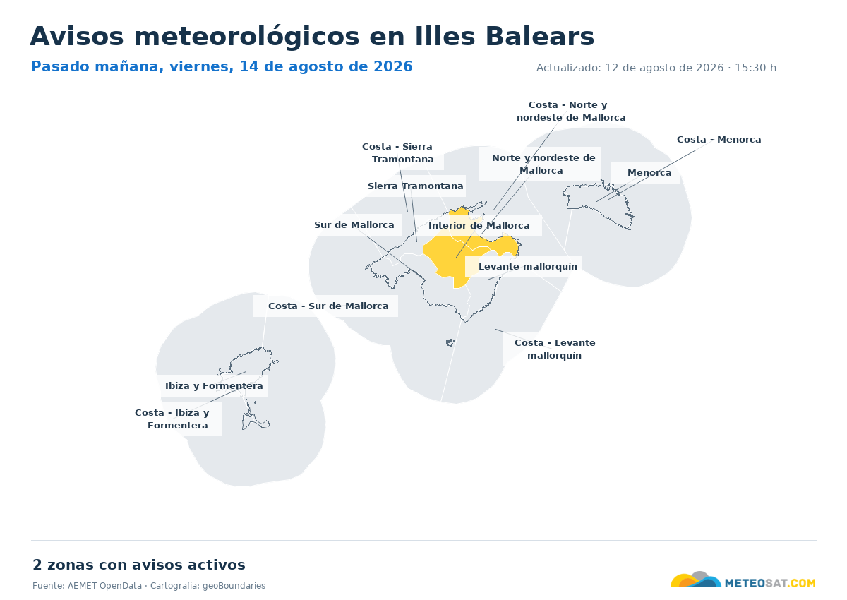 Mapa de avisos meteorol�gicos de AEMET en la provincia de Illes Balears para pasado ma?ana