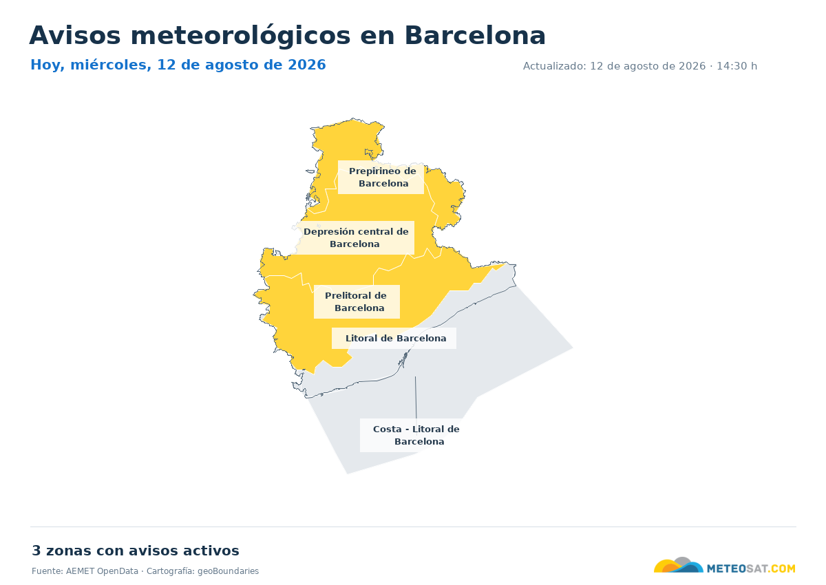 Mapa de avisos meteorol�gicos de AEMET en la provincia de Barcelona para hoy