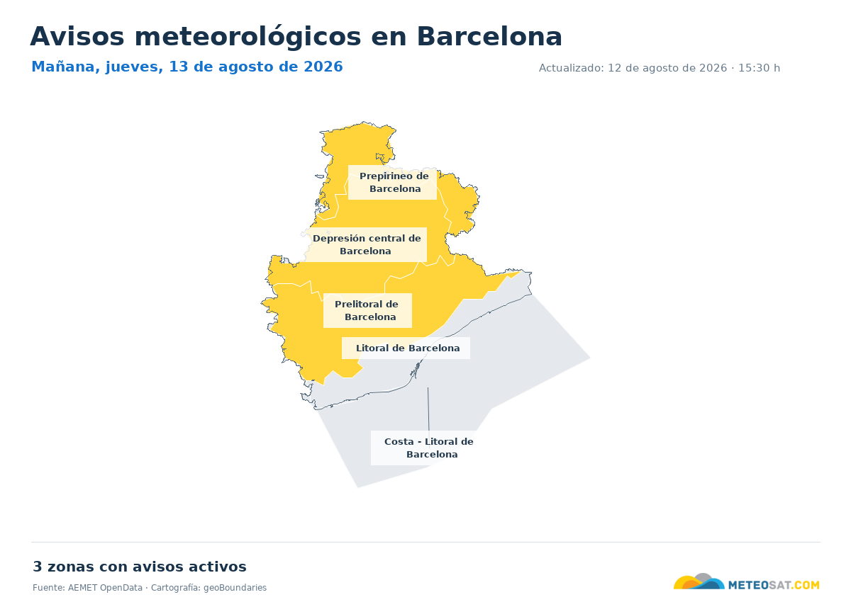 Mapa de avisos meteorol�gicos de AEMET en la provincia de Barcelona para ma?ana