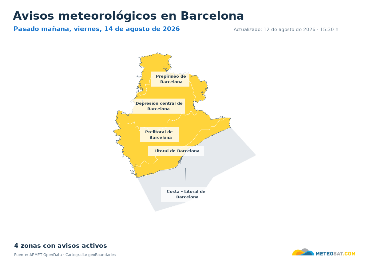 Mapa de avisos meteorol�gicos de AEMET en la provincia de Barcelona para pasado ma?ana