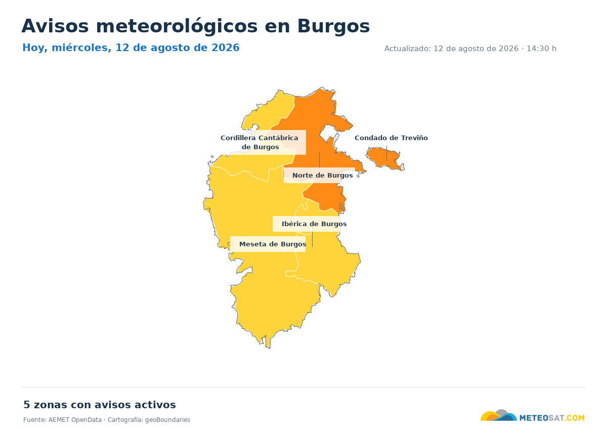 Mapa de avisos meteorol�gicos de AEMET en la provincia de Burgos para hoy