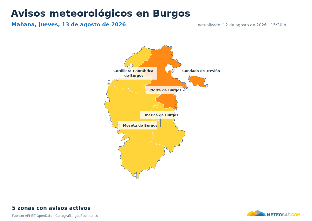 Mapa de avisos meteorol�gicos de AEMET en la provincia de Burgos para ma?ana