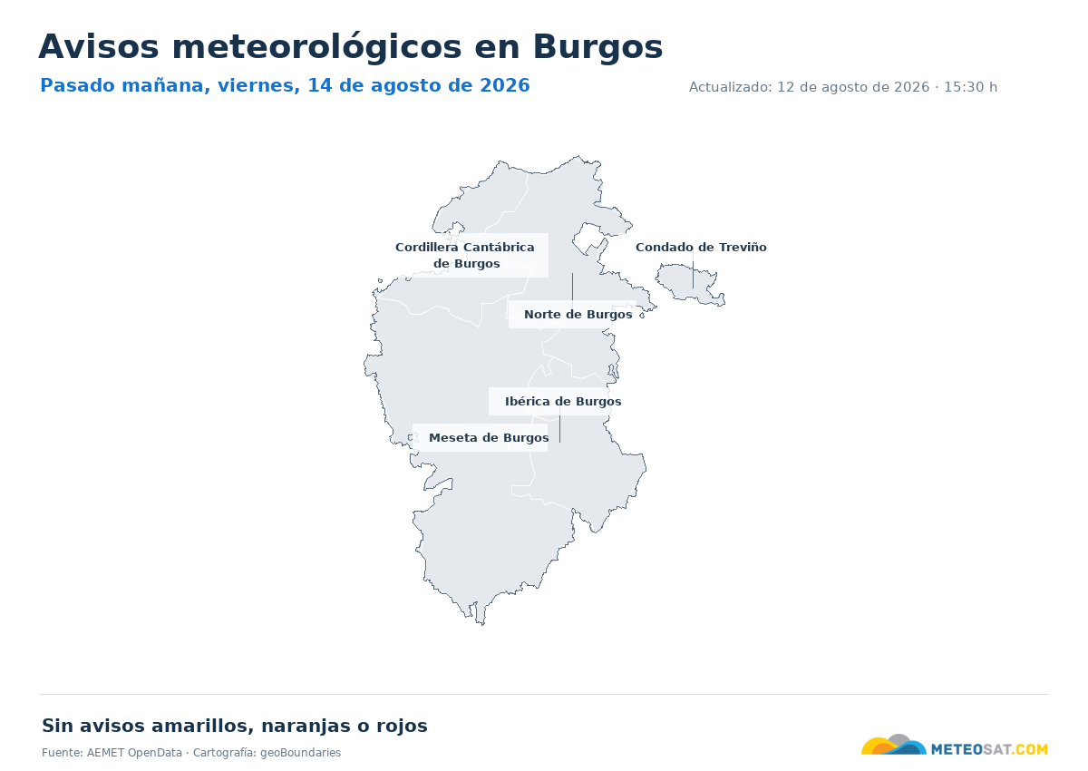 Mapa de avisos meteorol�gicos de AEMET en la provincia de Burgos para pasado ma?ana