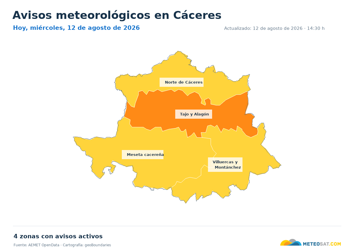 Mapa de avisos meteorol�gicos de AEMET en la provincia de C�ceres para hoy