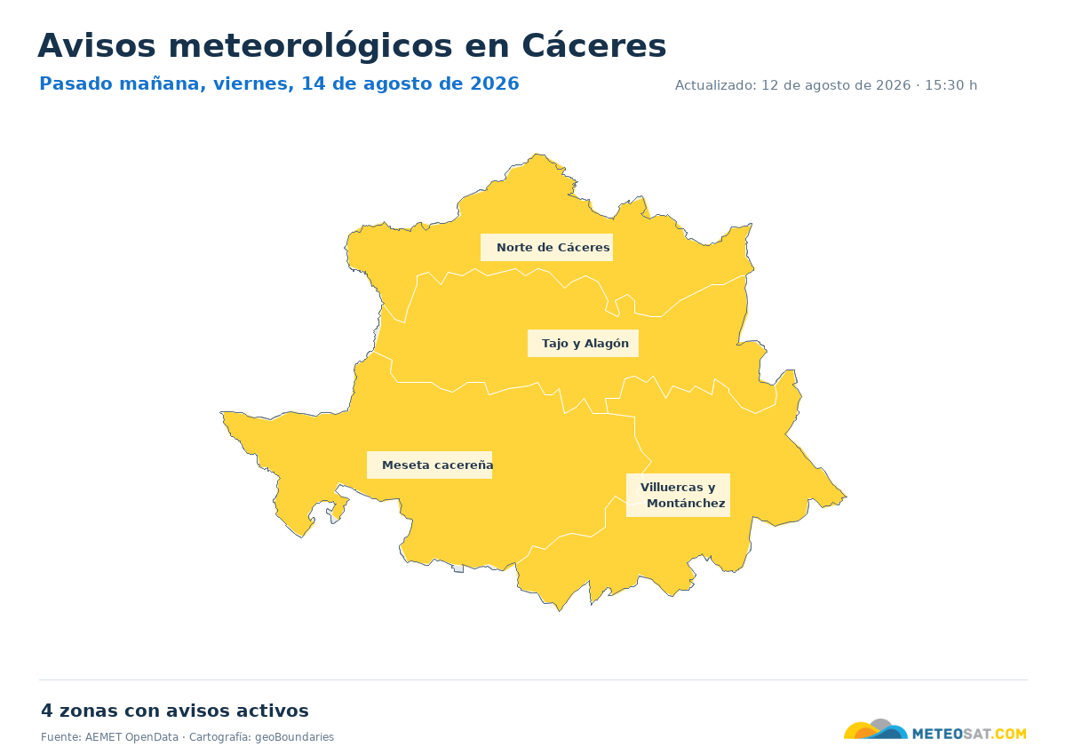 Mapa de avisos meteorol�gicos de AEMET en la provincia de C�ceres para pasado ma?ana
