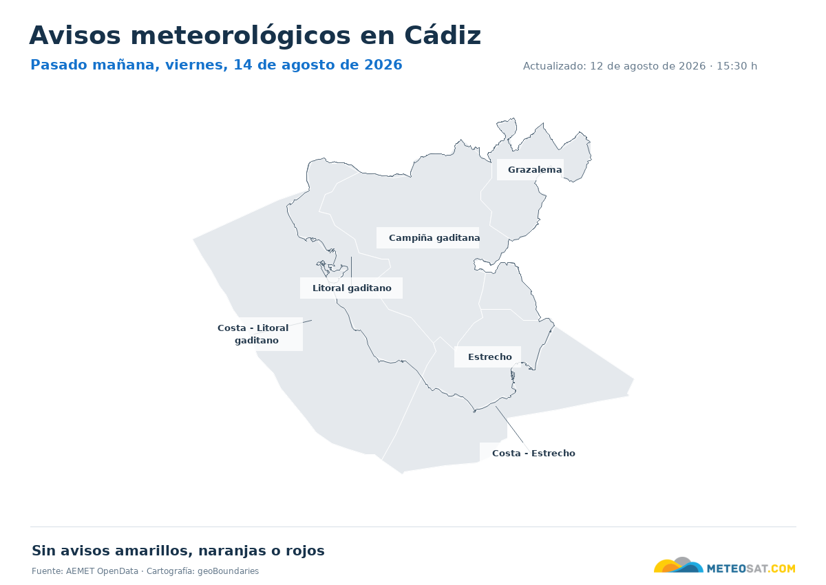 Mapa de avisos meteorol�gicos de AEMET en la provincia de C�diz para pasado ma?ana