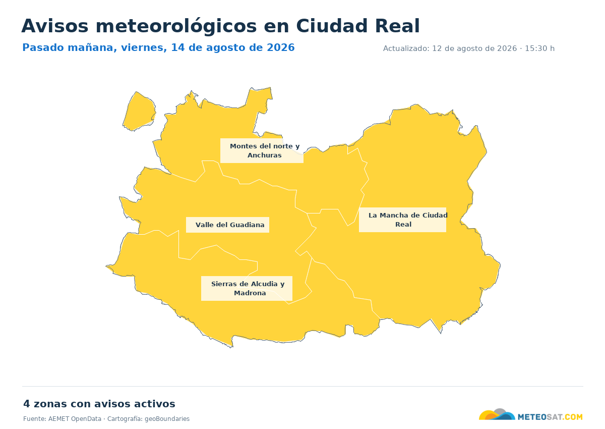 Mapa de avisos meteorol�gicos de AEMET en la provincia de Ciudad Real para pasado ma?ana
