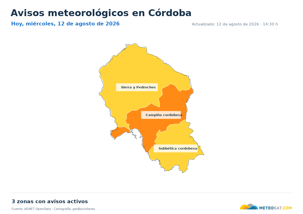 Mapa de avisos meteorol�gicos de AEMET en la provincia de C�rdoba para hoy