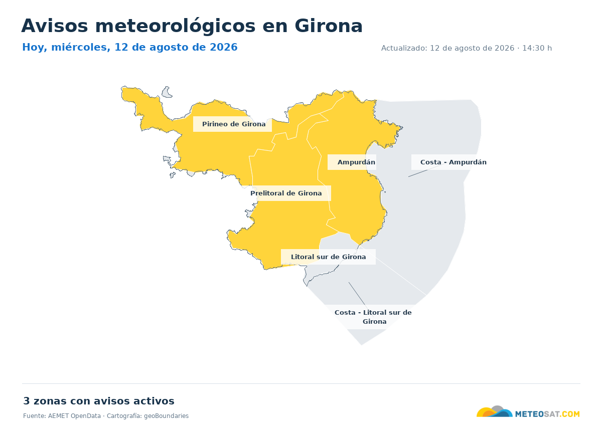 Mapa de avisos meteorol�gicos de AEMET en la provincia de Girona para hoy