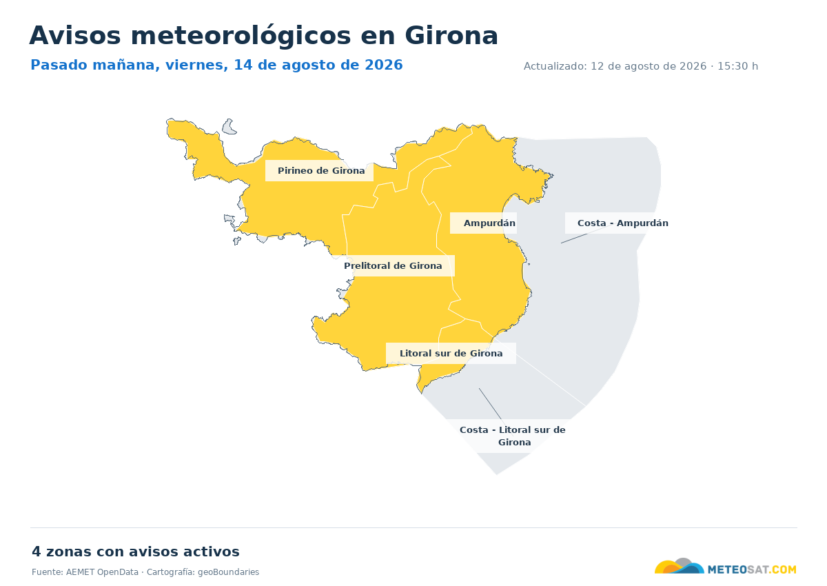Mapa de avisos meteorol�gicos de AEMET en la provincia de Girona para pasado ma?ana