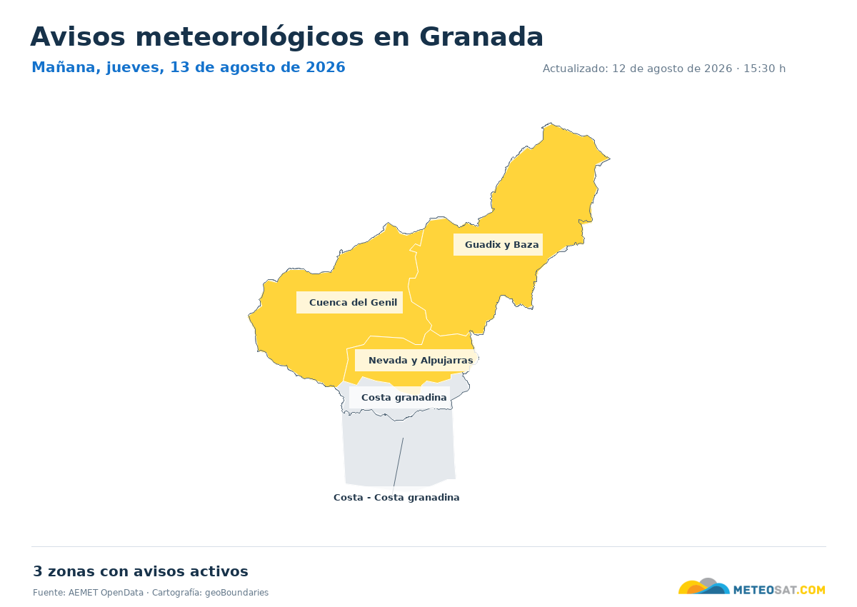 Mapa de avisos meteorol�gicos de AEMET en la provincia de Granada para ma?ana