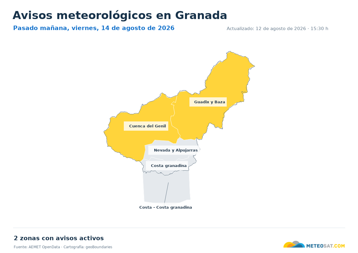 Mapa de avisos meteorol�gicos de AEMET en la provincia de Granada para pasado ma?ana
