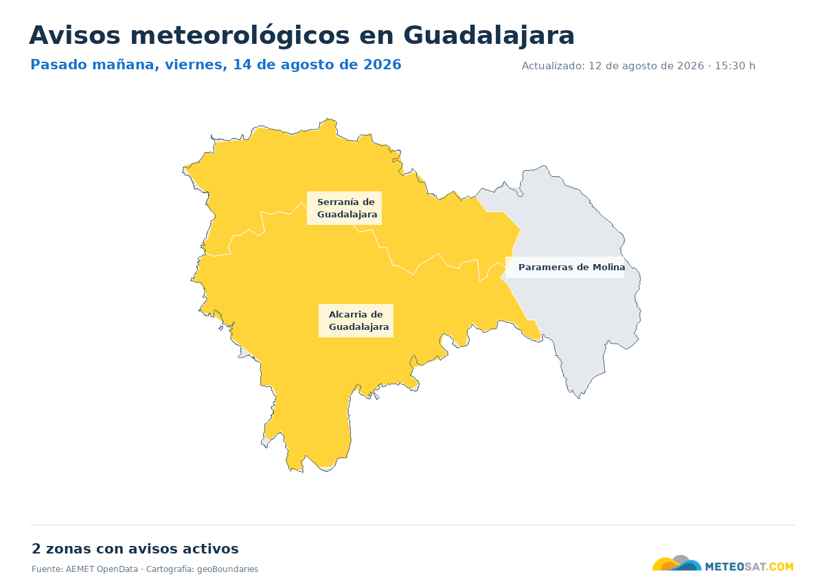 Mapa de avisos meteorol�gicos de AEMET en la provincia de Guadalajara para pasado ma?ana
