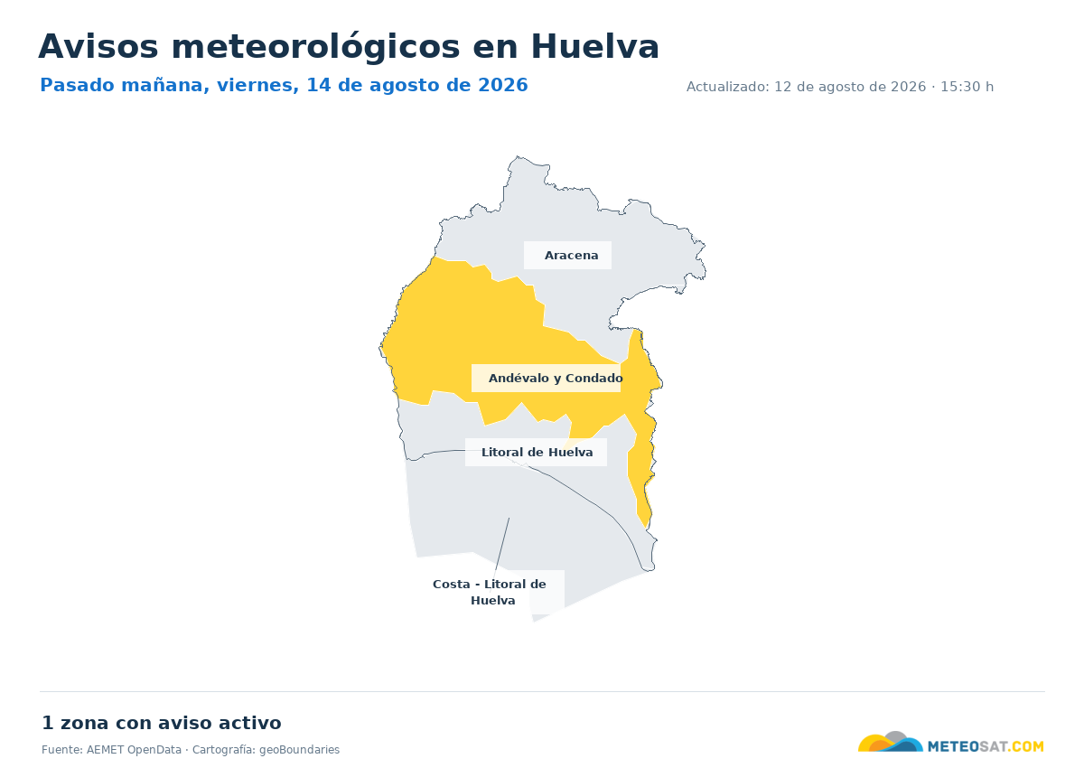 Mapa de avisos meteorol�gicos de AEMET en la provincia de Huelva para pasado ma?ana