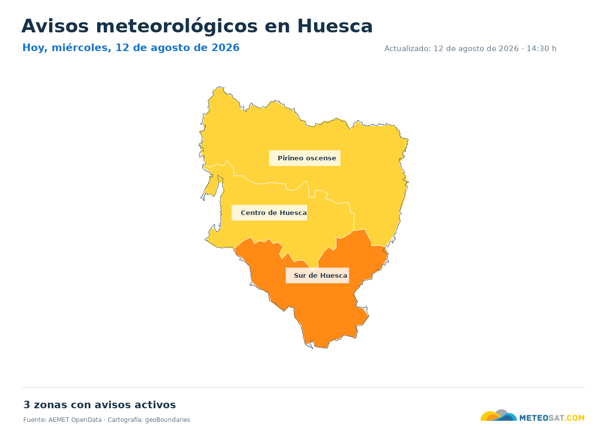 Mapa de avisos meteorol�gicos de AEMET en la provincia de Huesca para hoy