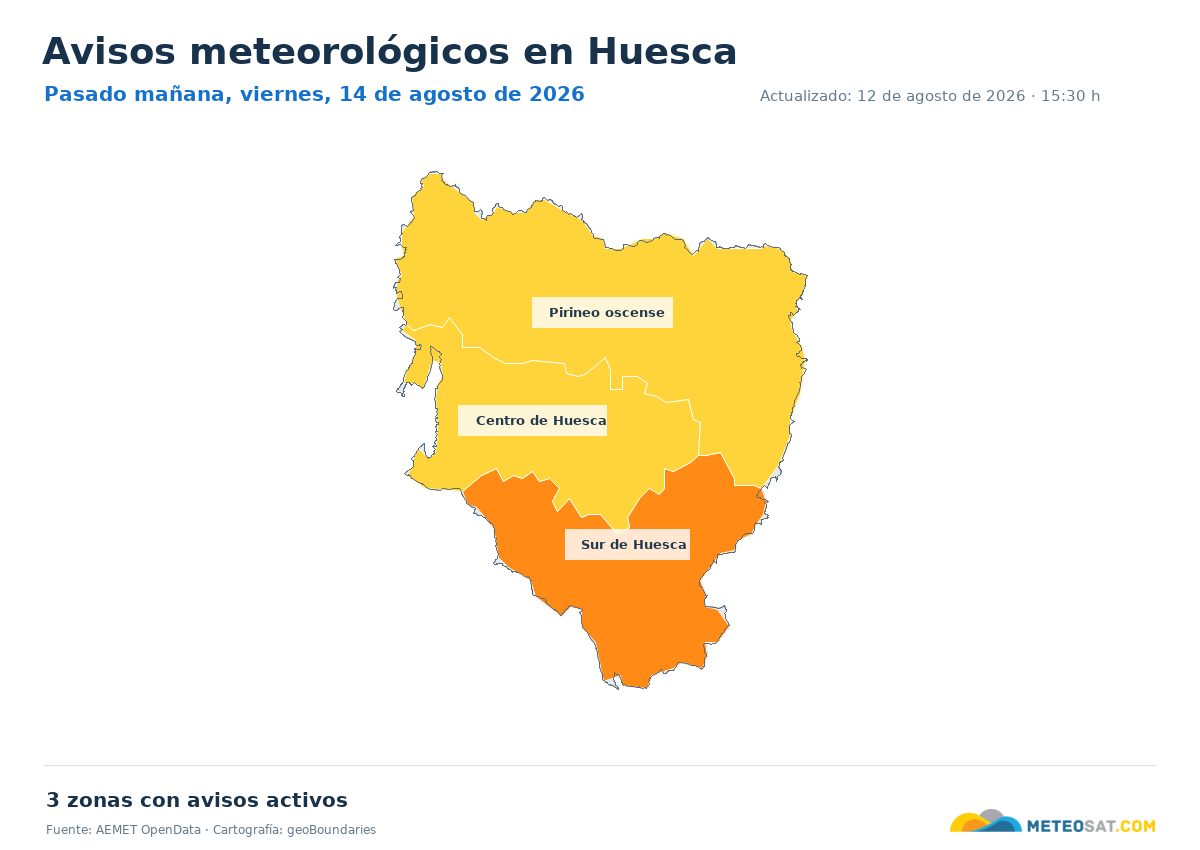 Mapa de avisos meteorol�gicos de AEMET en la provincia de Huesca para pasado ma?ana