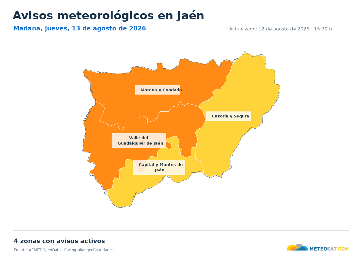 Mapa de avisos meteorol�gicos de AEMET en la provincia de Ja�n para ma?ana