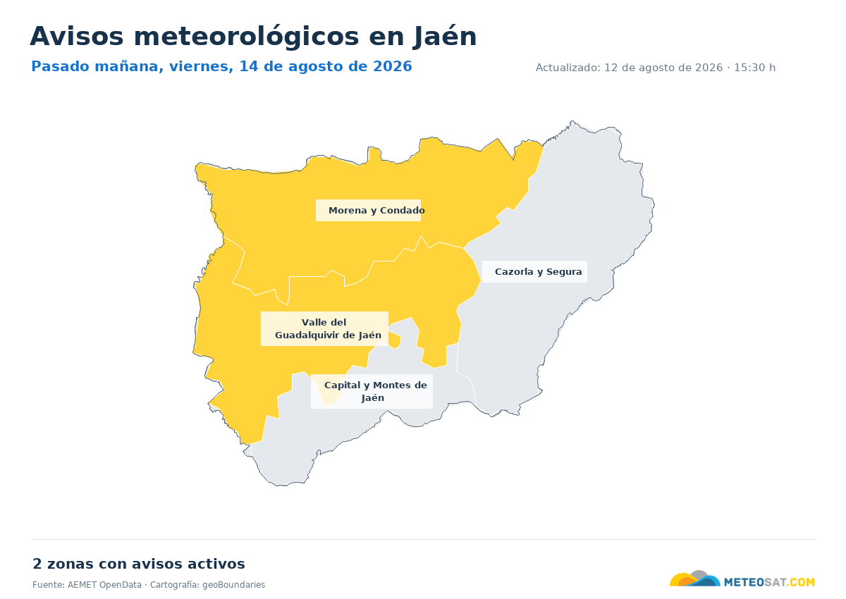 Mapa de avisos meteorol�gicos de AEMET en la provincia de Ja�n para pasado ma?ana