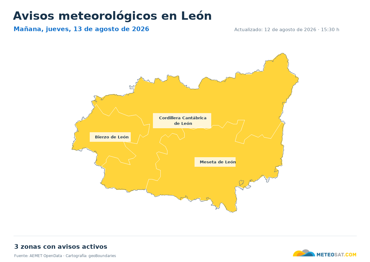 Mapa de avisos meteorol�gicos de AEMET en la provincia de Le�n para ma?ana