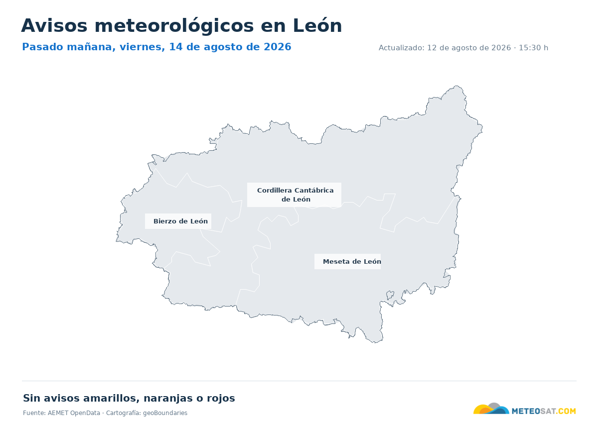 Mapa de avisos meteorol�gicos de AEMET en la provincia de Le�n para pasado ma?ana