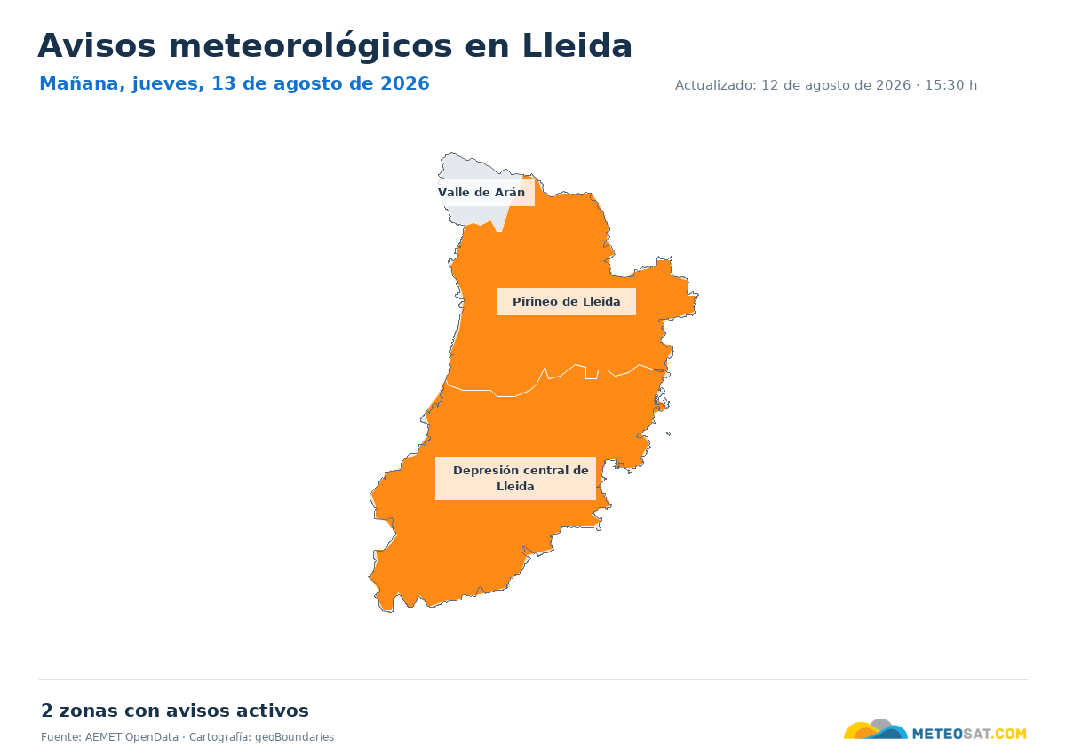Mapa de avisos meteorol�gicos de AEMET en la provincia de Lleida para ma?ana