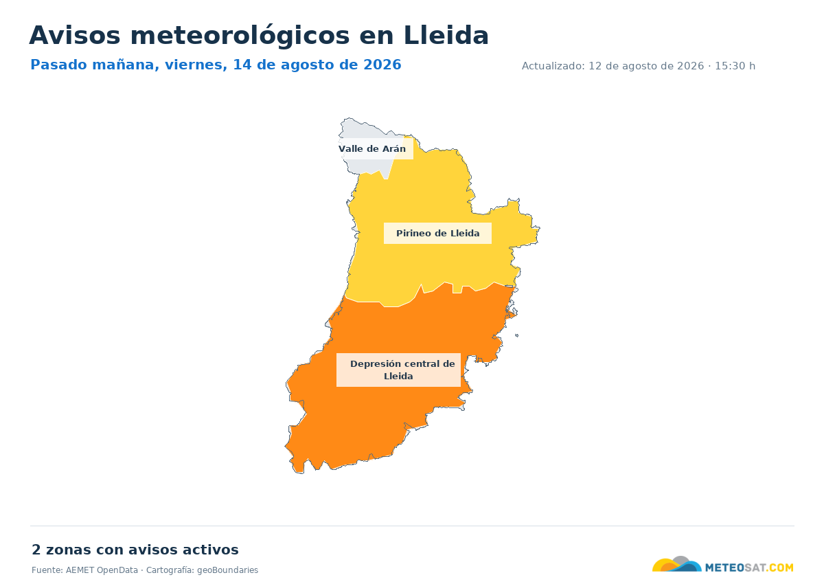 Mapa de avisos meteorol�gicos de AEMET en la provincia de Lleida para pasado ma?ana