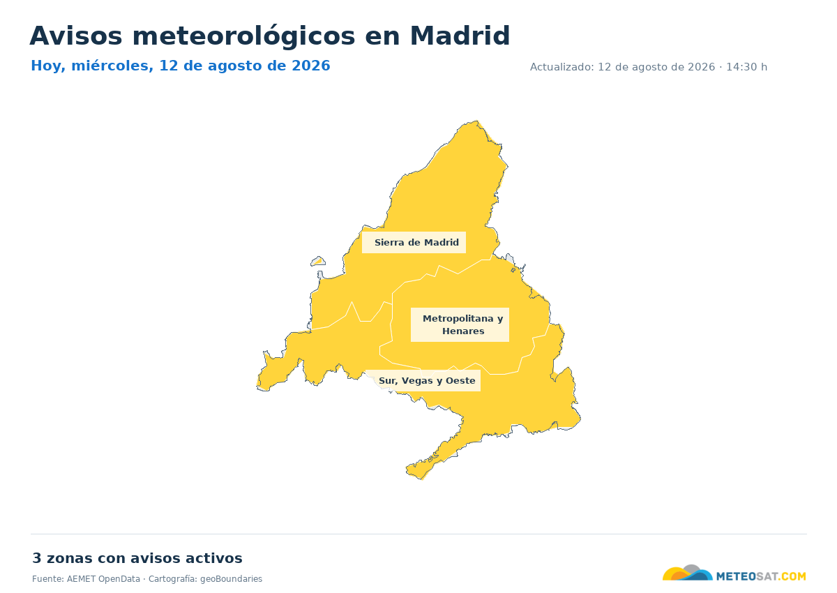 Mapa de avisos meteorol�gicos de AEMET en la provincia de Madrid para hoy
