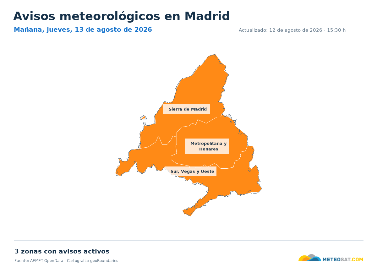 Mapa de avisos meteorol�gicos de AEMET en la provincia de Madrid para ma?ana