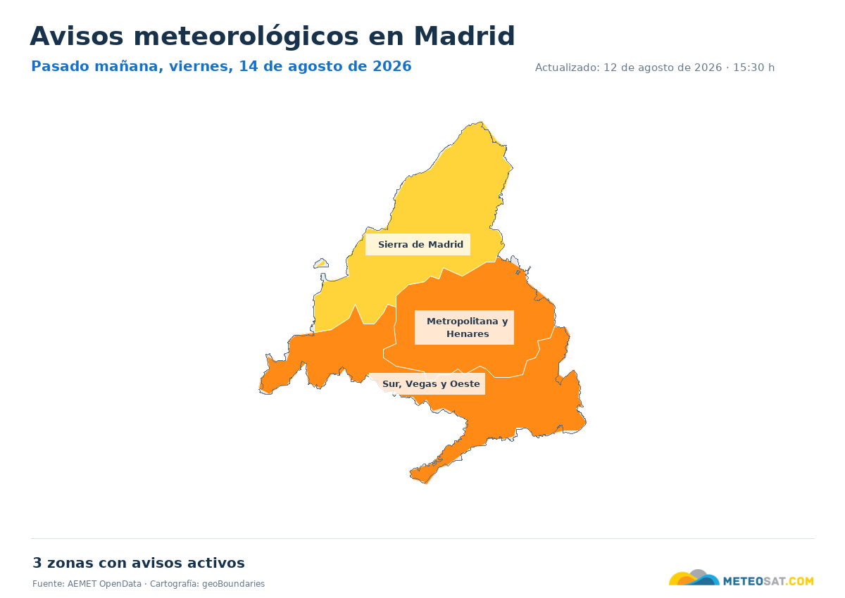 Mapa de avisos meteorol�gicos de AEMET en la provincia de Madrid para pasado ma?ana