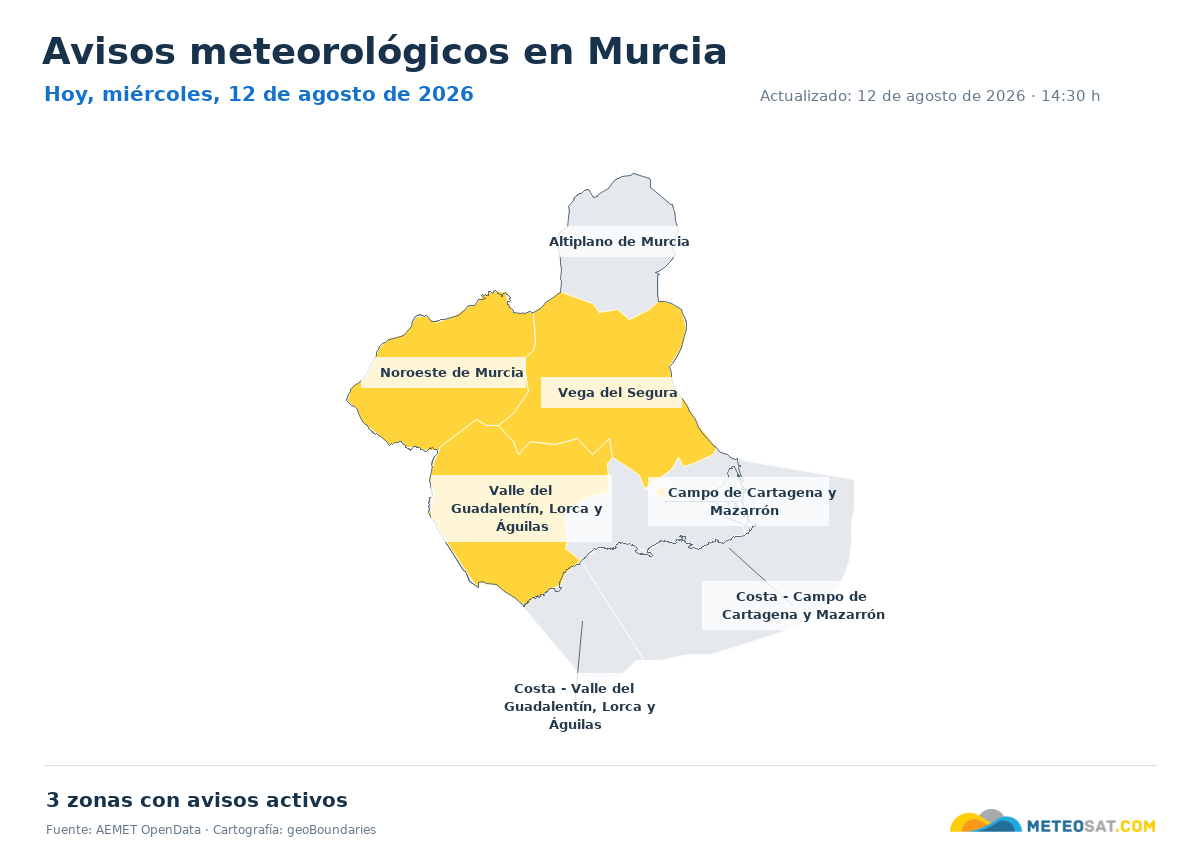 Mapa de avisos meteorol�gicos de AEMET en la provincia de Murcia para hoy