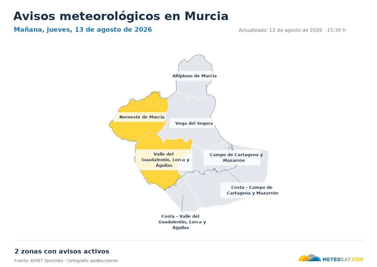 Mapa de avisos meteorol�gicos de AEMET en la provincia de Murcia para ma?ana