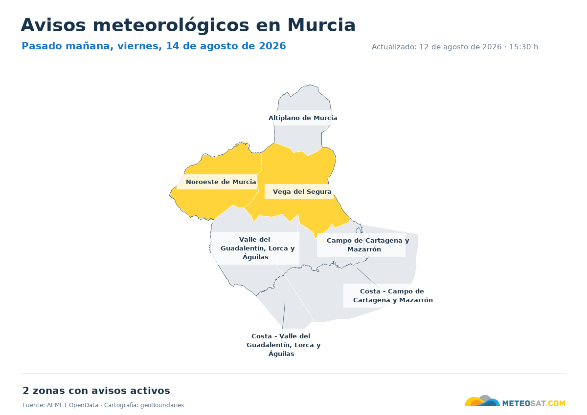 Mapa de avisos meteorol�gicos de AEMET en la provincia de Murcia para pasado ma?ana