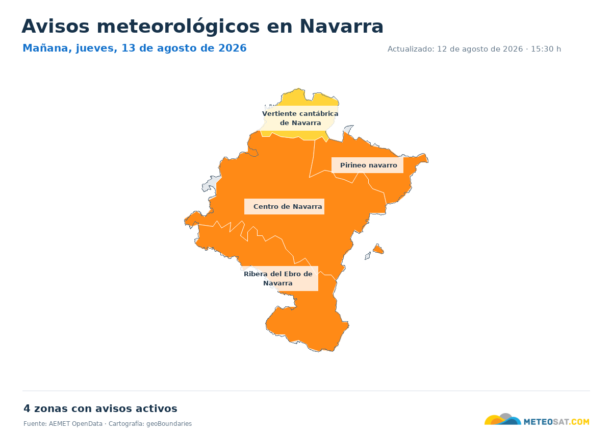 Mapa de avisos meteorol�gicos de AEMET en la provincia de Navarra para ma?ana