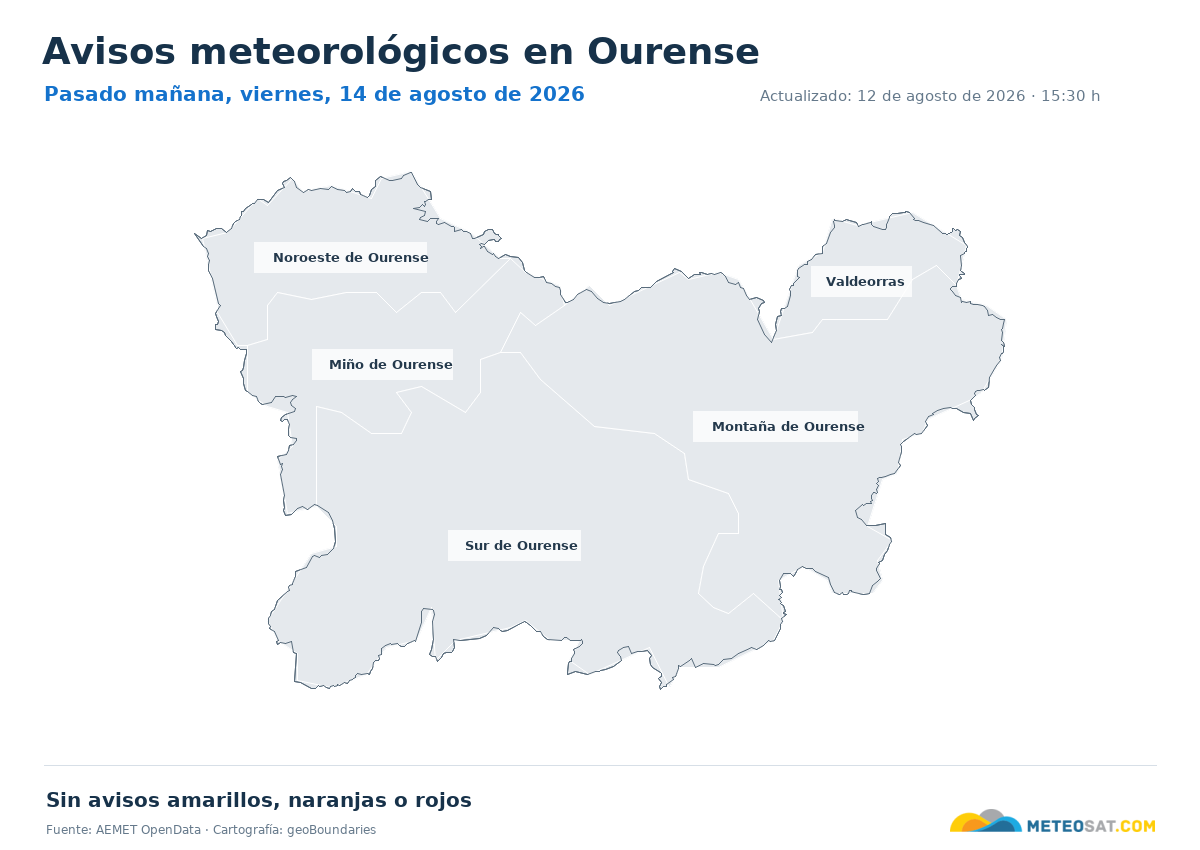 Mapa de avisos meteorol�gicos de AEMET en la provincia de Ourense para pasado ma?ana