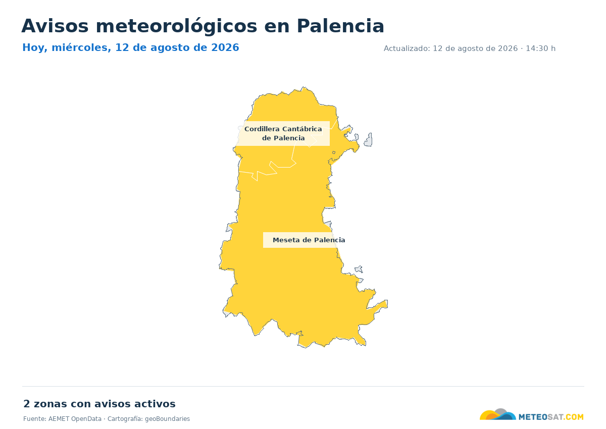 Mapa de avisos meteorol�gicos de AEMET en la provincia de Palencia para hoy