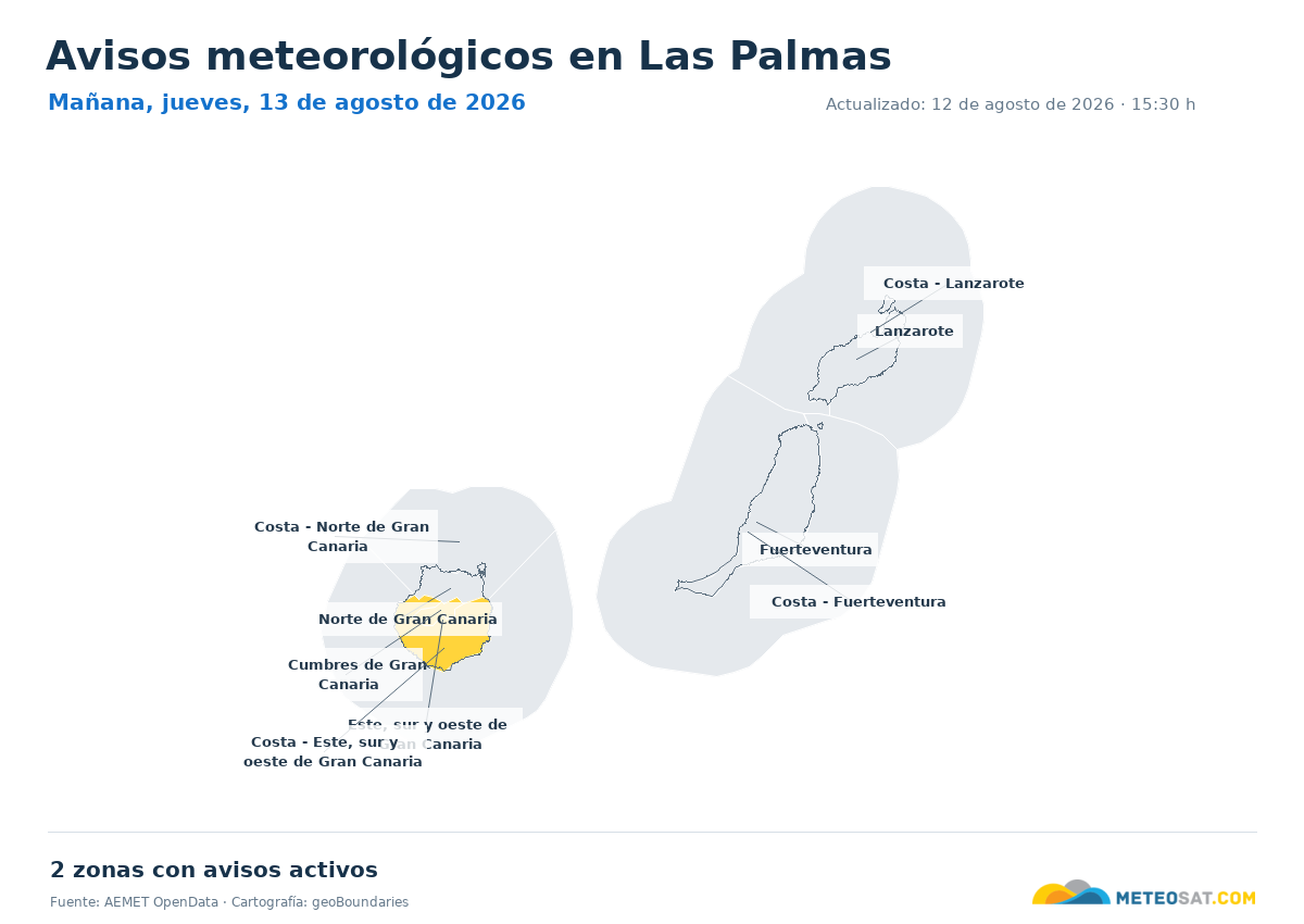 Mapa de avisos meteorol�gicos de AEMET en la provincia de Las Palmas para ma?ana