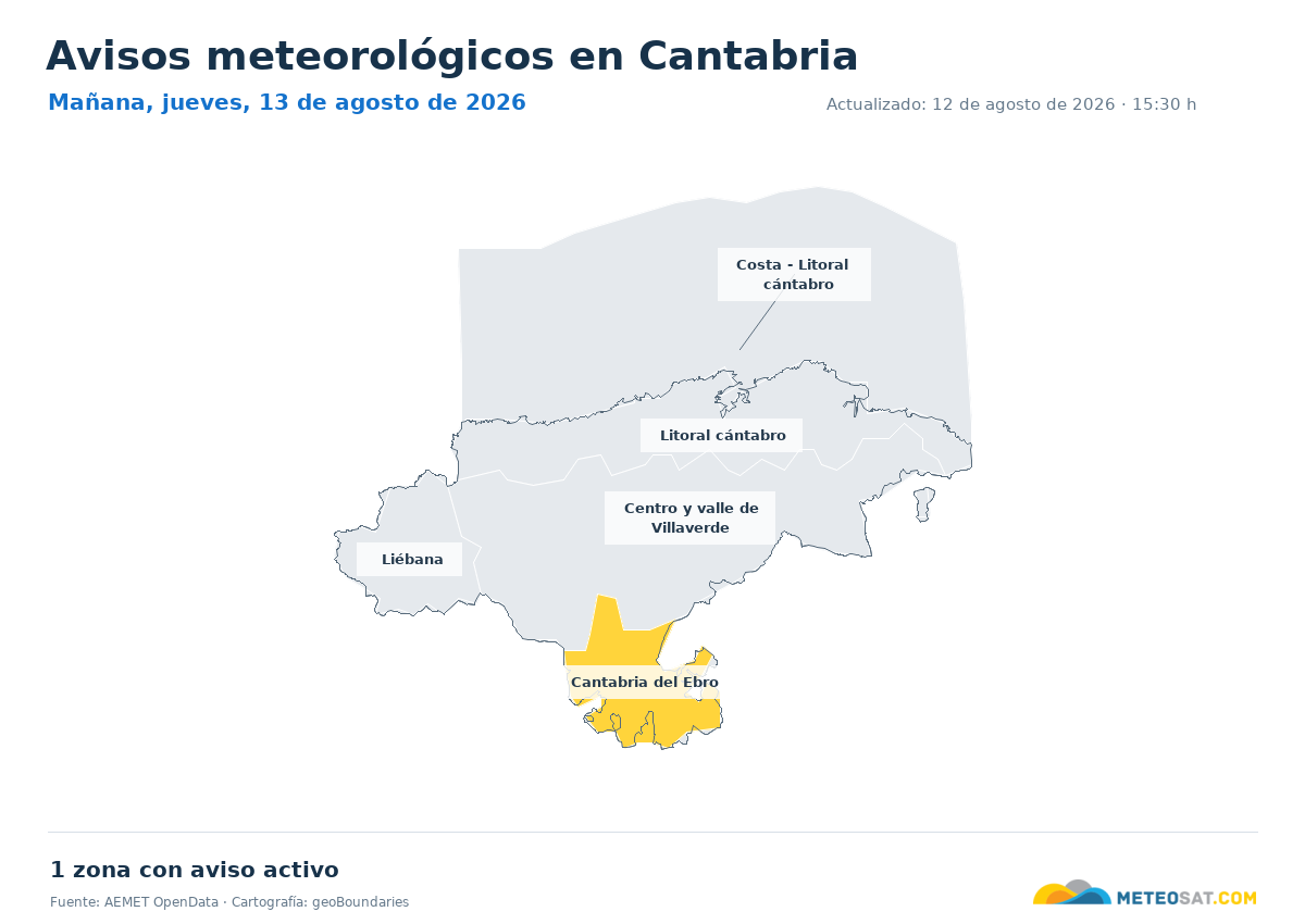 Mapa de avisos meteorol�gicos de AEMET en la provincia de Cantabria para ma?ana