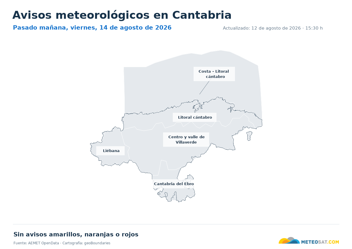 Mapa de avisos meteorol�gicos de AEMET en la provincia de Cantabria para pasado ma?ana
