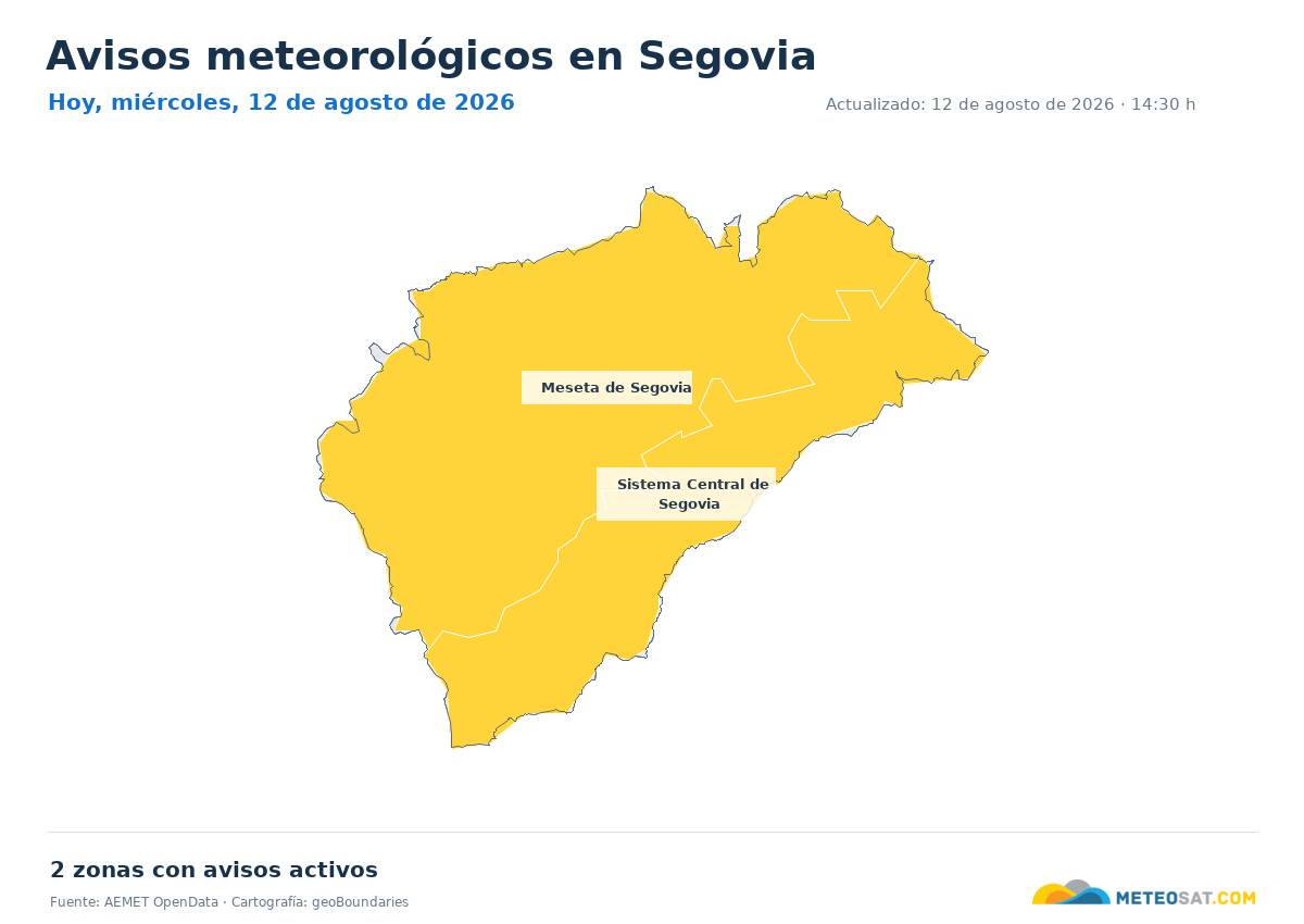 Mapa de avisos meteorol�gicos de AEMET en la provincia de Segovia para hoy