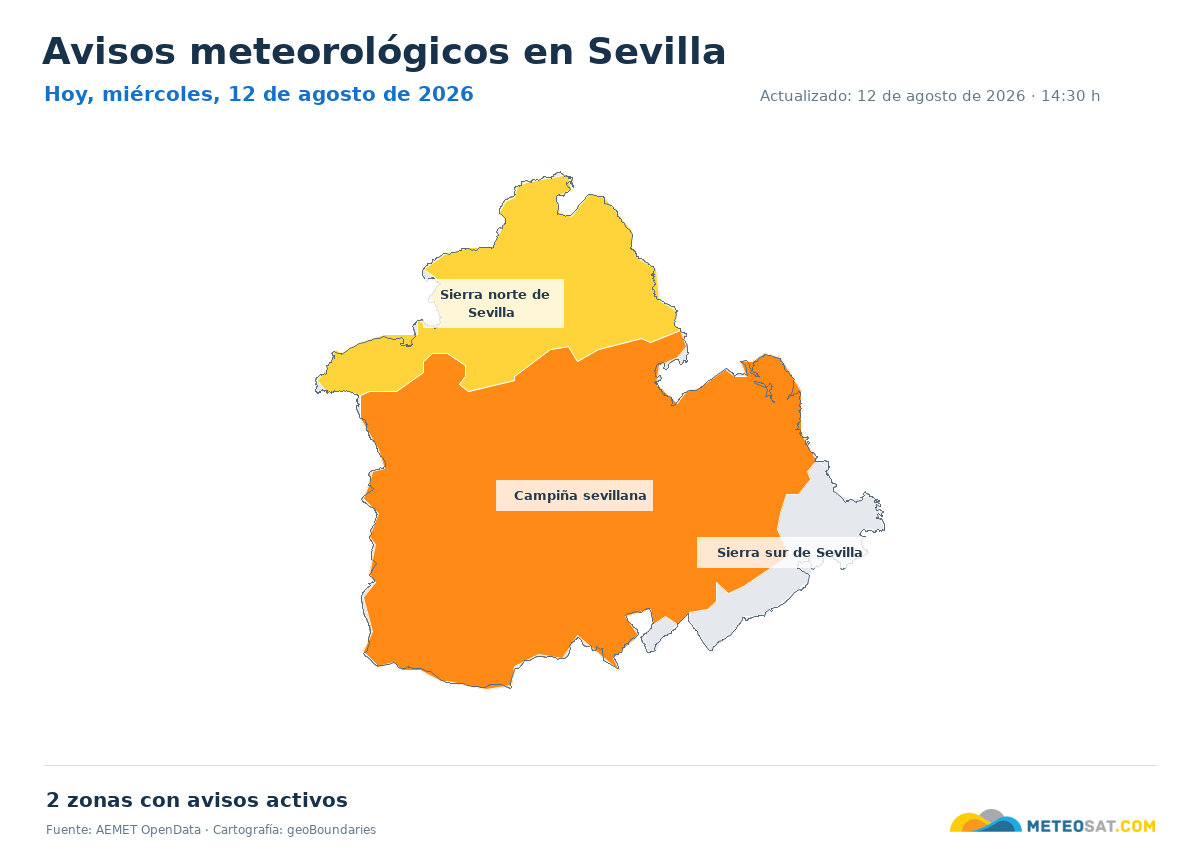Mapa de avisos meteorol�gicos de AEMET en la provincia de Sevilla para hoy