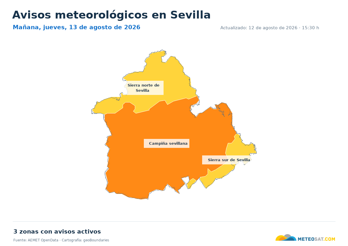Mapa de avisos meteorol�gicos de AEMET en la provincia de Sevilla para ma?ana